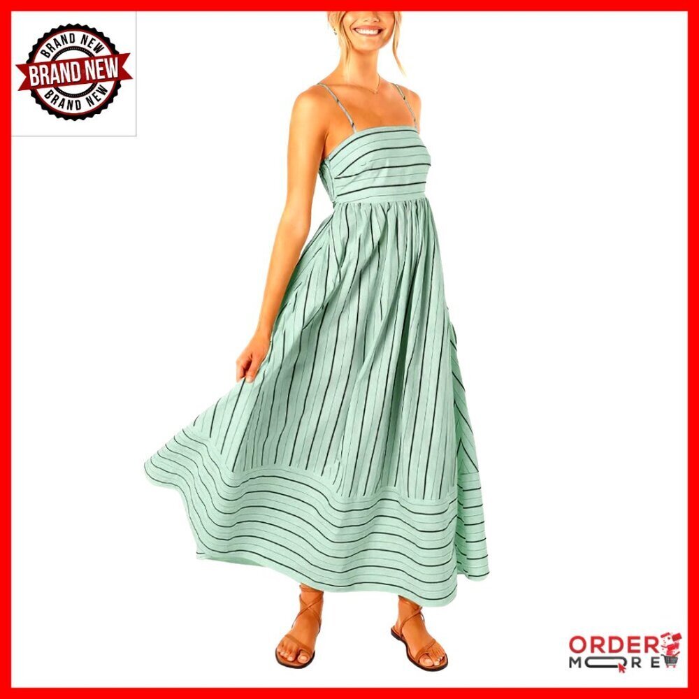 Striped Smocked Back Maxi Dress Elegant Formal Swing Cut Out Strappy